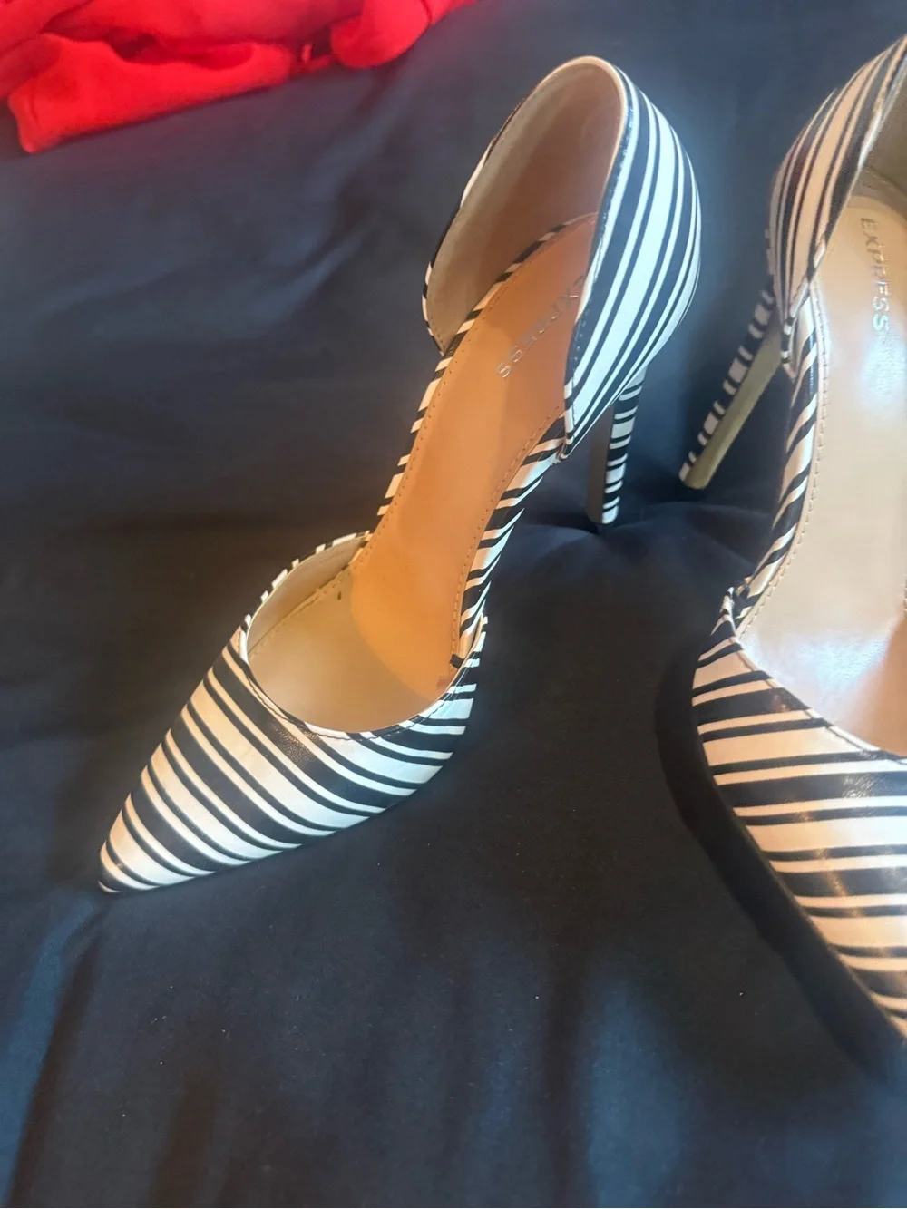 Express Black and White Striped Pointed D'Orsay Heels